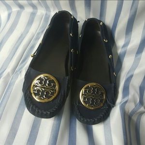 Authentic Suede Tory Burch navy & gold Moccasins